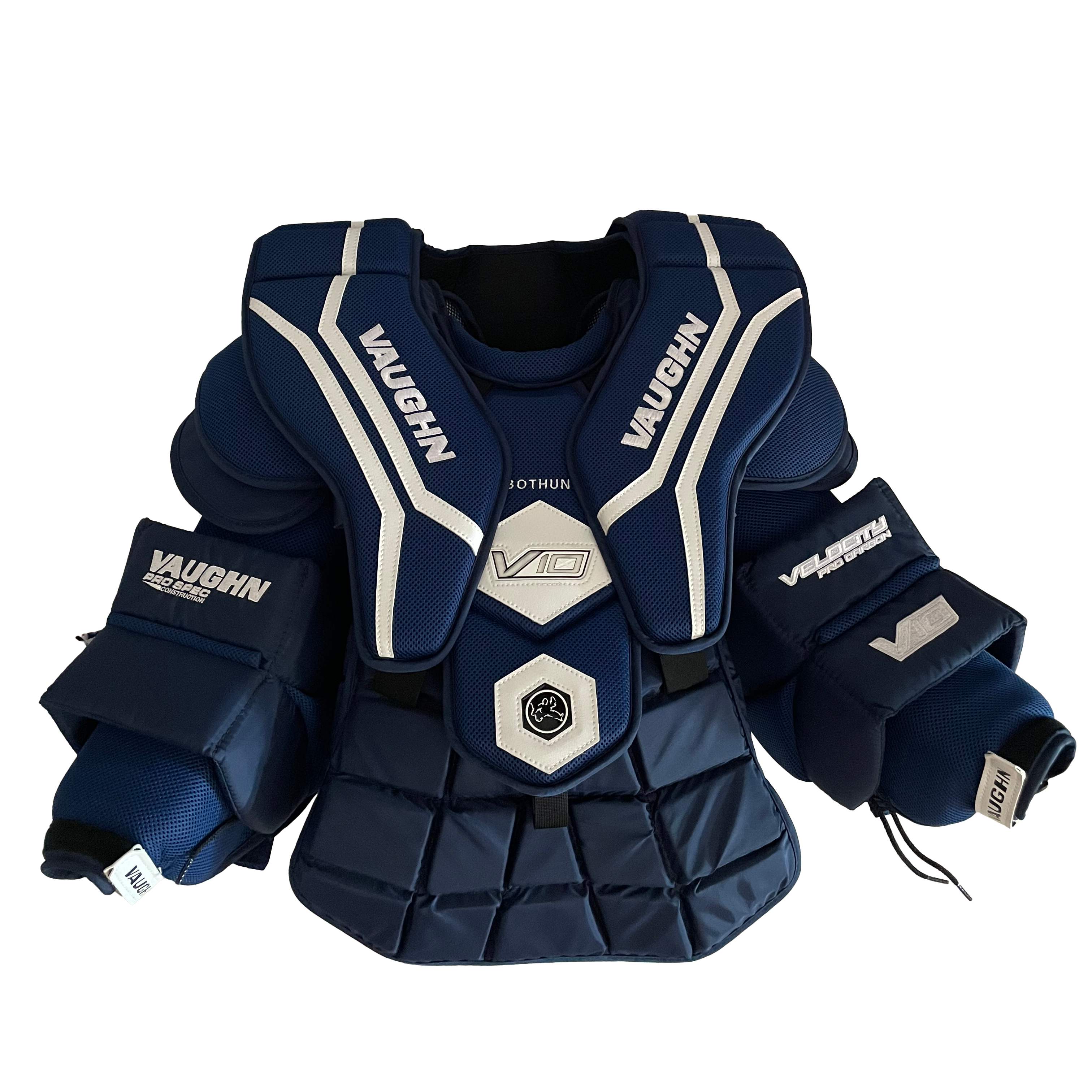 Vaughn V10 Pro Carbon – Nouveau plastron de gardien de but Pro Stock (bleu marine/blanc)